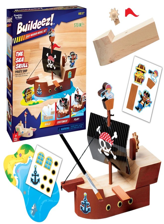 Creativity for Kids Buildeez! Easy Wooden Model Set: Pirate Ship, Sea Skull - DIY Arts & Crafts Kit, STEM Toys and Gift for Kids, Boat Toys for Boys (Ages 5+) - Image 1